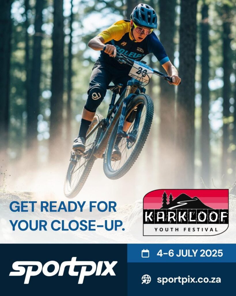 A SportPix social post for the Karkloof Youth Festival, 4 to 6 July 2025: "Get ready for your close-up", with a mountain biker mid-jump