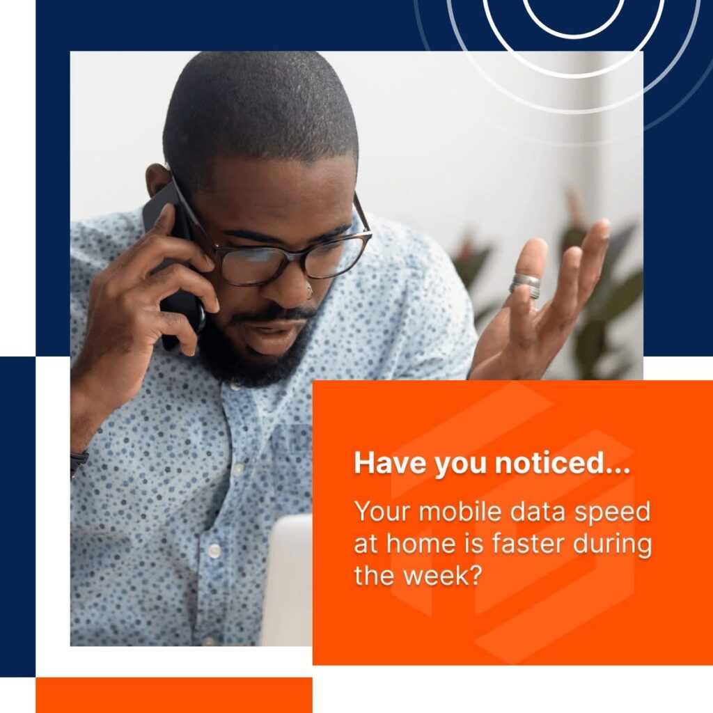 A TowerSpace social post: "Have you noticed your mobile data speed at home is faster during the week?"