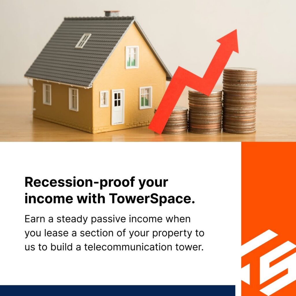 A TowerSpace social post: "Recession-proof your income with TowerSpace", with a model house beside rising stacks of coins