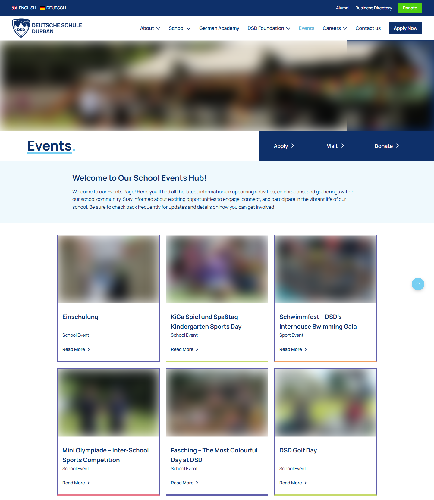 The Deutsche Schule Durban events page, with a card for each event and the photos blurred