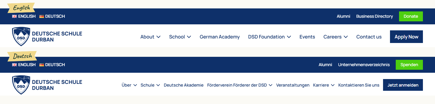 The Deutsche Schule Durban menu in English, and below it the same menu in German, set tighter so the longer labels fit