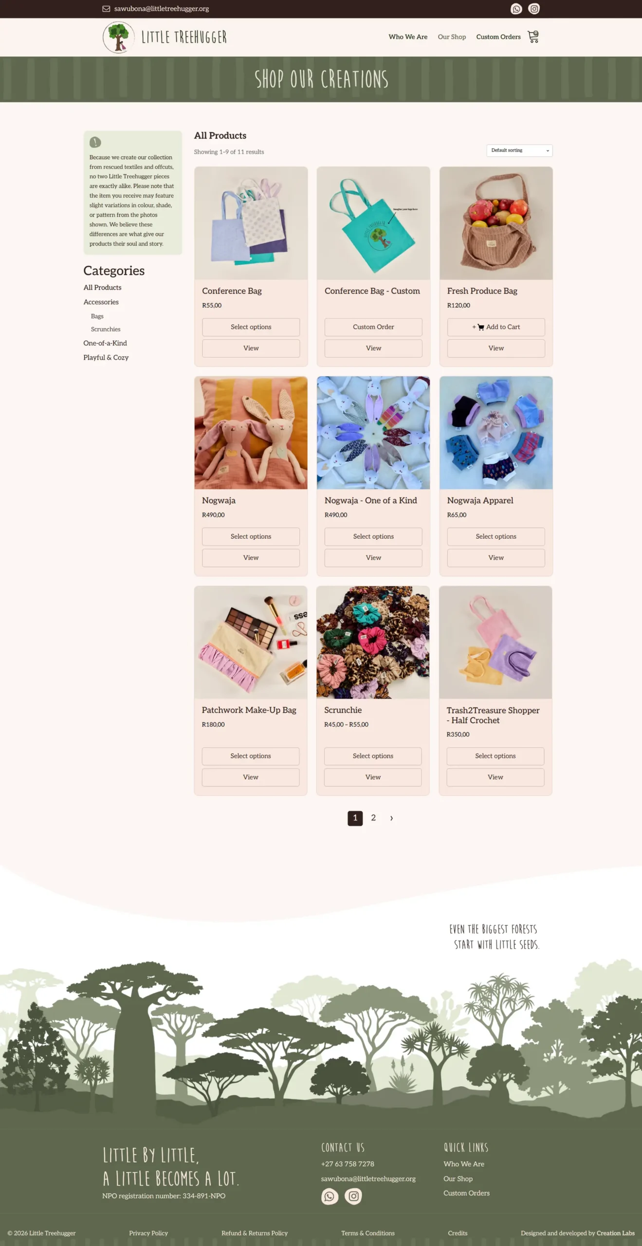 The Little Treehugger shop page with product cards and categories