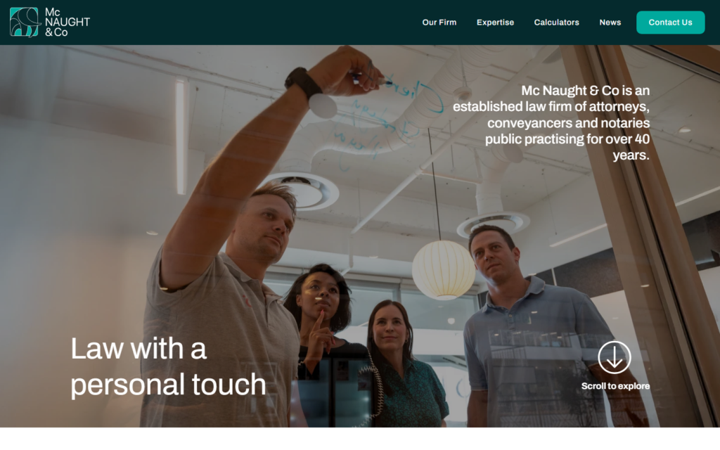 The McNaught & Co home page: "Law with a personal touch" over the parallax hero