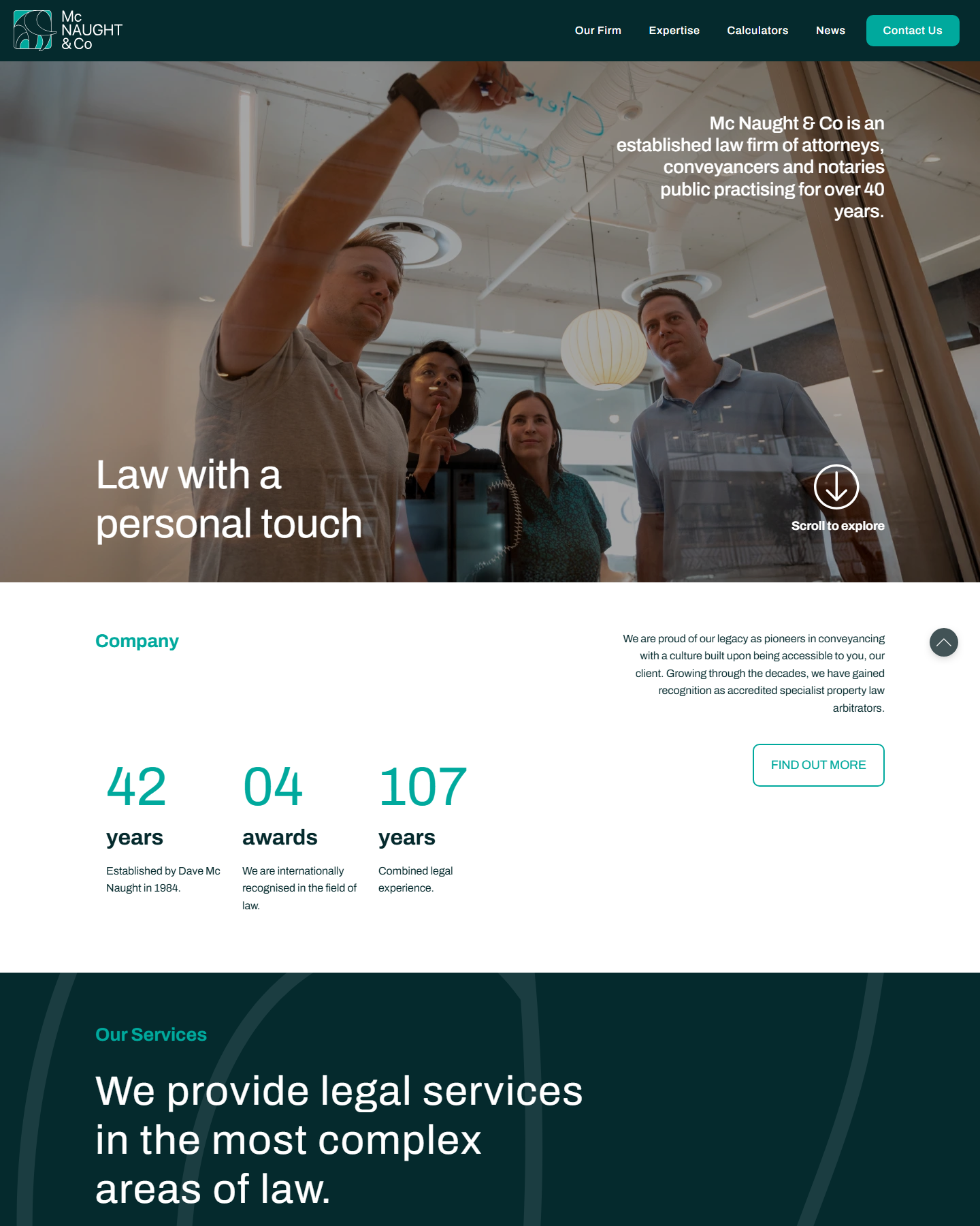 The Mc Naught & Co home page: "Law with a personal touch" over a photo of the team