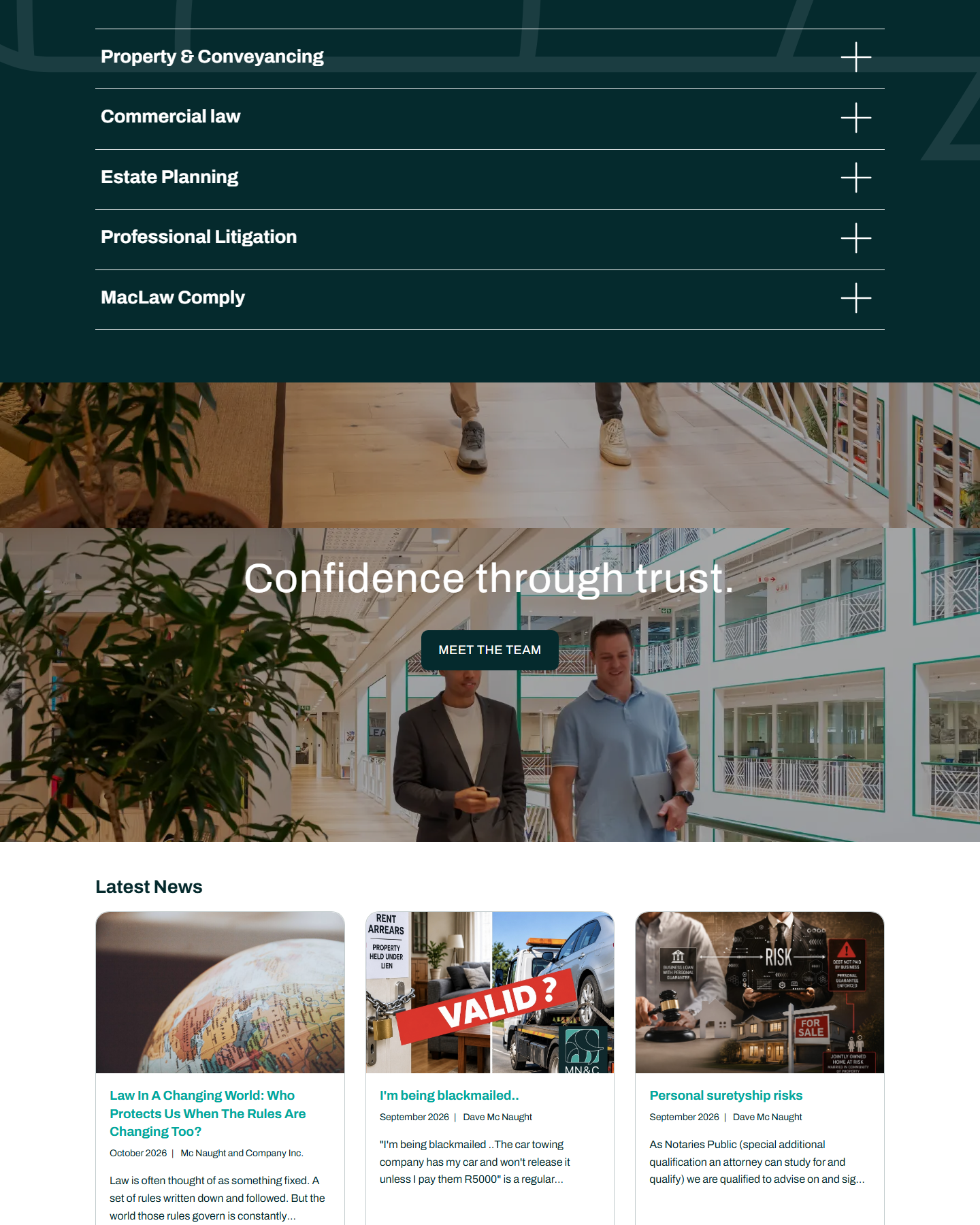 The services list and the "Confidence through trust" parallax band on the Mc Naught & Co home page