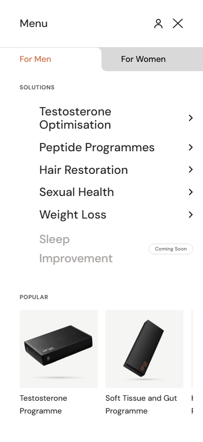 The Oryx Health menu drawer on the For Men tab, listing its solutions and popular programmes