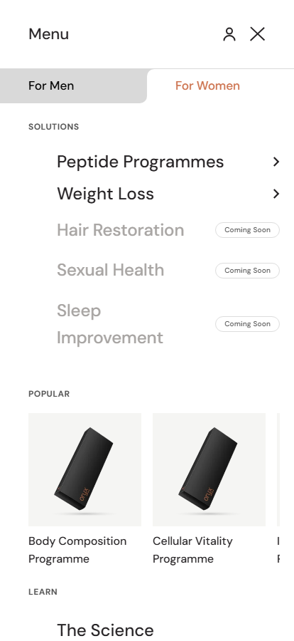 The Oryx Health menu drawer on the For Women tab, with some solutions marked Coming soon