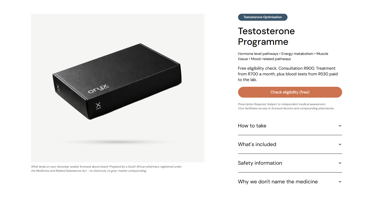 The Testosterone Programme page on Oryx Health, with its eligibility button and information sections