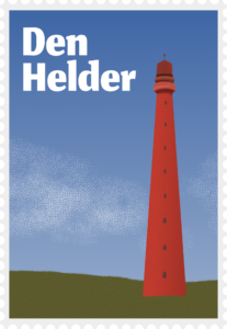 A stamp I drew of Den Helder: a red lighthouse under a blue sky