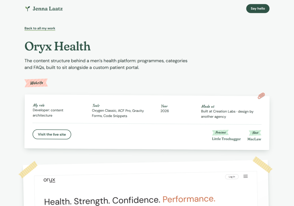 A case study page on this site: the Oryx Health title, the details card filled from ACF fields, and a taped screenshot