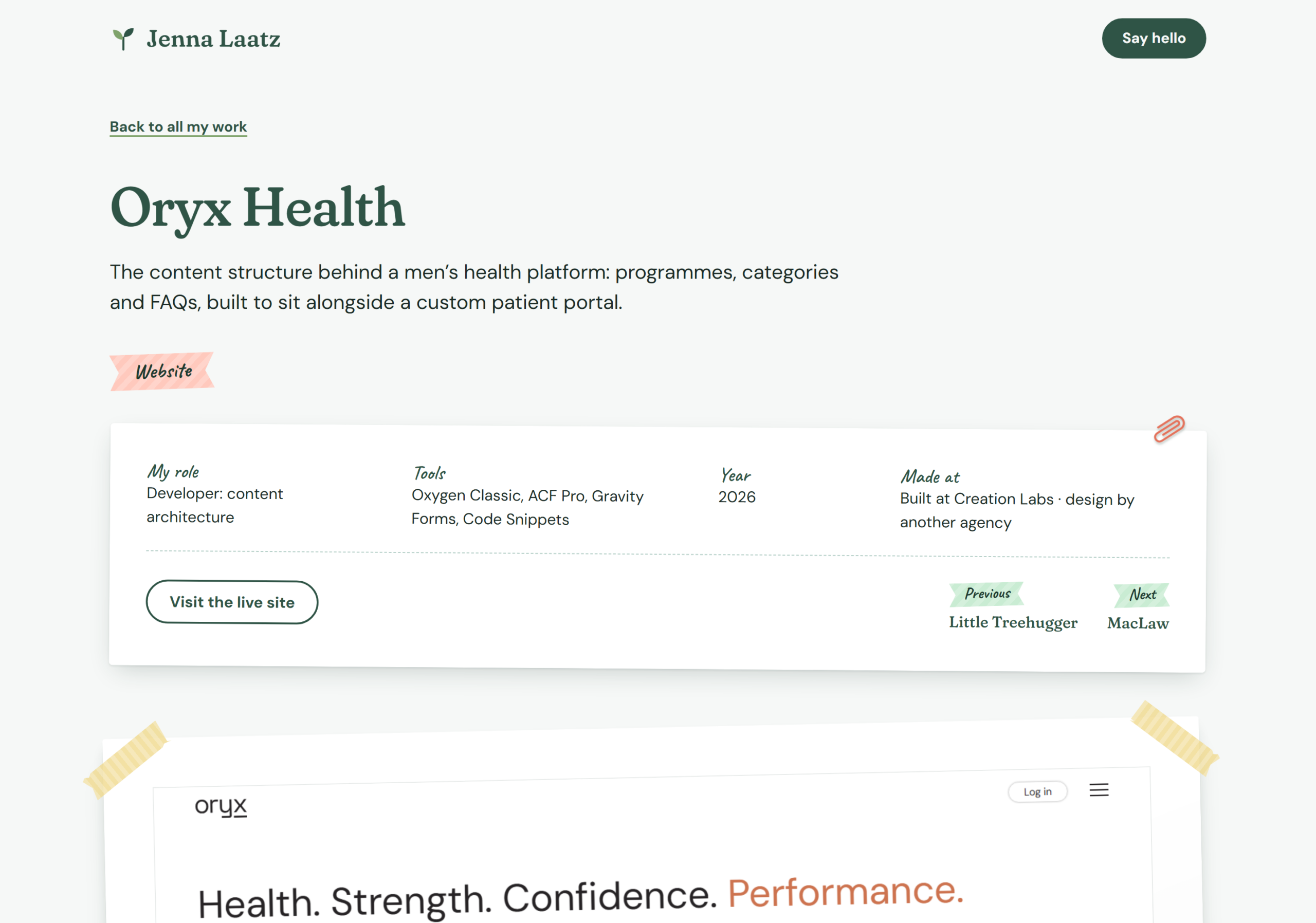 A case study page on this site: the Oryx Health title, the details card filled from ACF fields, and a taped screenshot