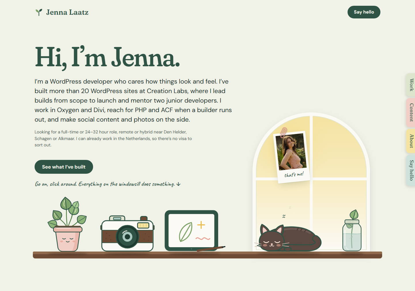 The home page of this site: "Hi, I'm Jenna." above a hand-drawn windowsill with a plant, a camera, a tablet and a sleeping cat